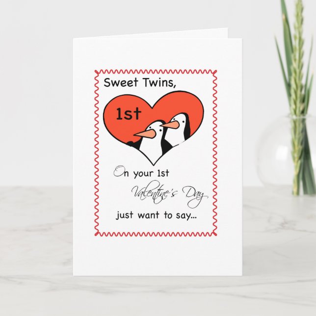 Twins 1st Valentine's Day Cute Penguin Holiday Card (Front)