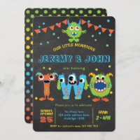 Twins 2nd Birthday cute little monster party Invitation