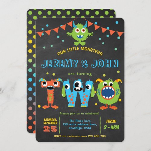 Twins 2nd Birthday cute little monster party Invitation