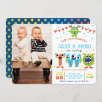 Twins 2nd birthday little monster birthday photo invitation