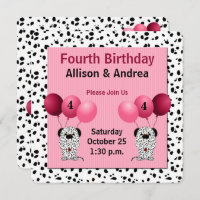 Twins 4th Birthday Party Dalmatians with Pink Invitation