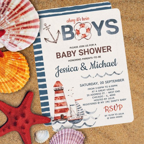 Twins Ahoy Its A Boy Nautical Baby Shower Invitation