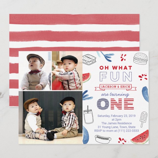 Twins All American 1st Birthday Multiple Photos Invitation (Front/Back)