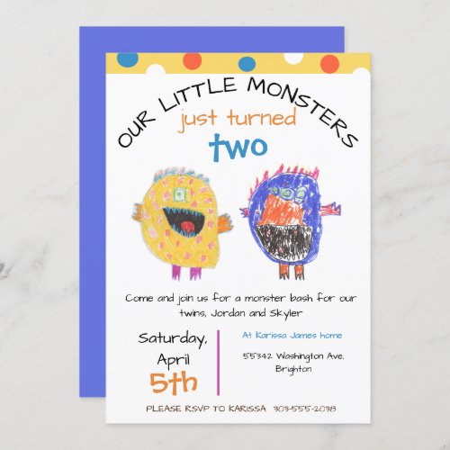 TWINS Any Age Yellow Monster Birthday Invitation