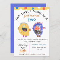 TWINS Any Age Yellow Monster Birthday Invitation