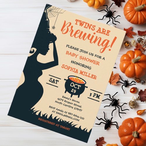 Twins are Brewing Halloween Witch Baby Shower Invitation