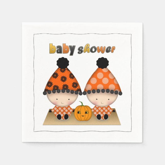 Twins Autumn Fall Halloween Baby Shower Paper Napkins (Front)