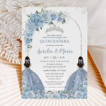 Twins Baby Blue Floral Dress Silver Quinceañera  Invitation<br><div class="desc">This chic Quinceañera / Sweet 16 birthday invitation features a silver glitter geometric frame adorned by delicate watercolor baby blue floral, soft greenery and two girls in lovely baby blue dresses. Personalize it easily and quickly. Simply click the Edit Using Design Tools button to further edit the text, wording, font...</div>