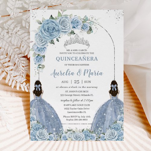 Twins Baby Blue Floral Dress Silver Quinceaera  Invitation