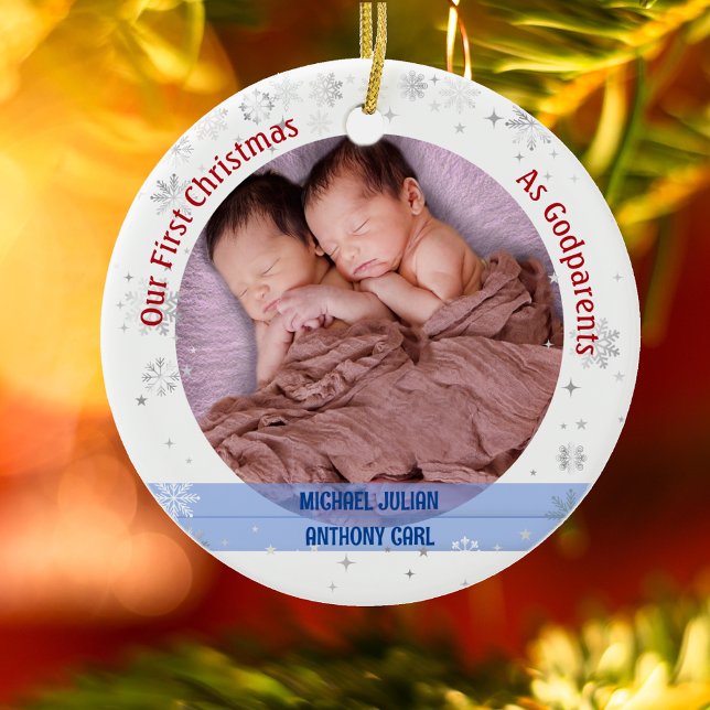 Twins Baby Boys 1st Xmas As Godparents 2 Photos Ceramic Ornament (Our First Christmas as Godparents of Twin Boys. Snowflakes and Stars. Cute Swaddled Babies)