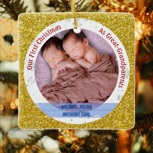 Twins Baby Boys 1st Xmas Great-Grandparents Photos Ceramic Ornament
