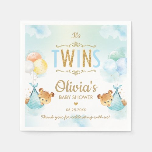 Twins Baby Boys Cute Bears Balloons Baby Shower  Napkins