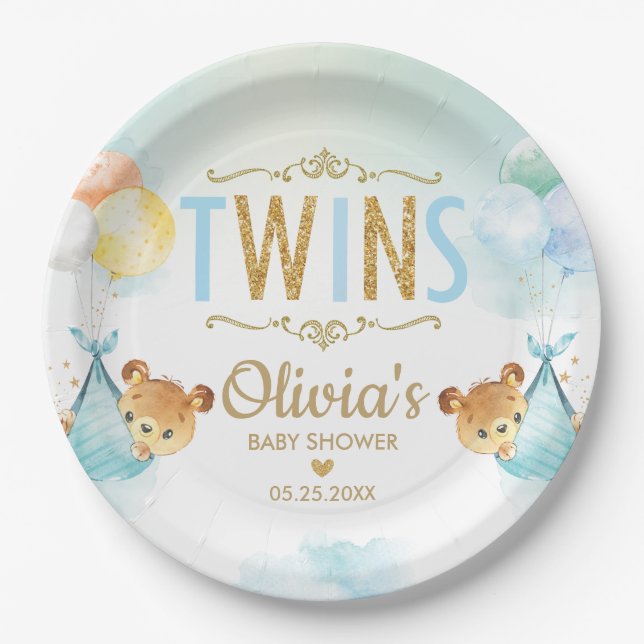 Twins Baby Boys Cute Bears Balloons Baby Shower Paper Plates (Front)