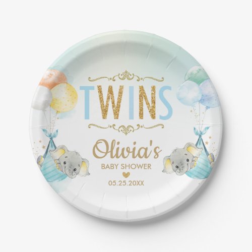 Twins Baby Boys Elephant Balloons Baby Shower Paper Plates