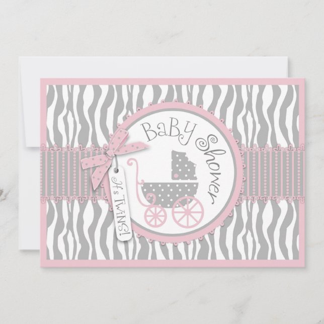 TWINS Baby Carriage, Zebra Print, Pink Baby Shower Invitation (Front)