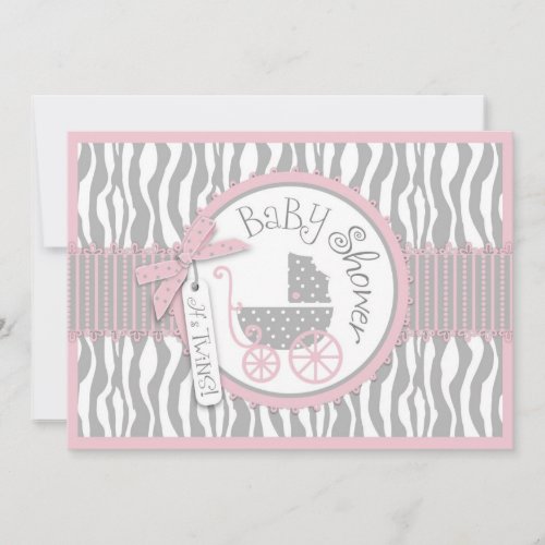 TWINS Baby Carriage, Zebra Print, Pink Baby Shower Invitations