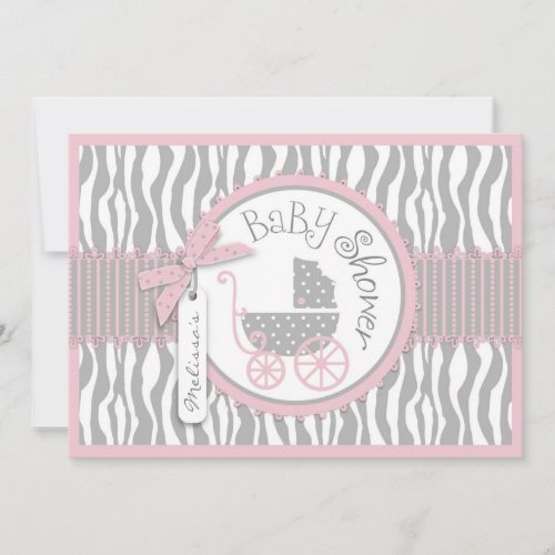 TWINS Baby Carriage, Zebra Print, Pink Baby Shower Custom Announcement