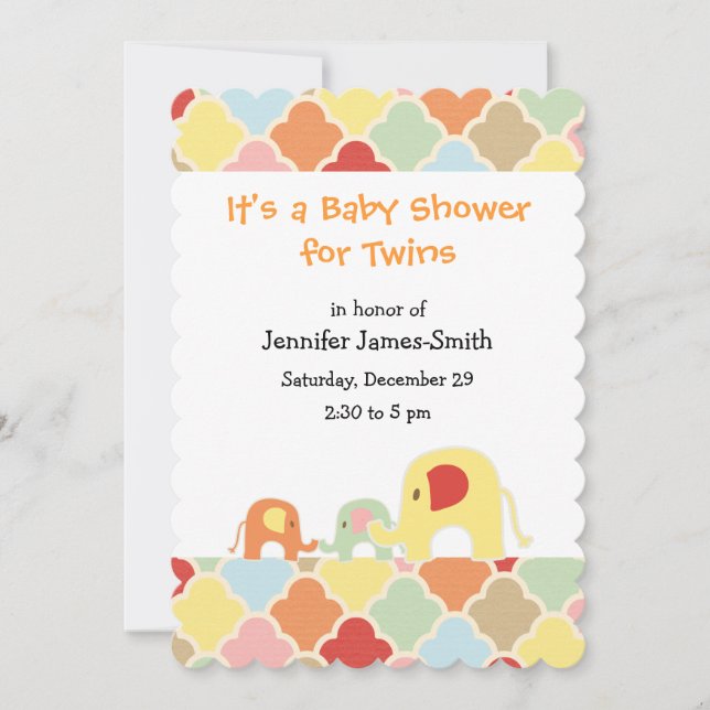 Twins Baby Elephants Shower Invitation (Front)