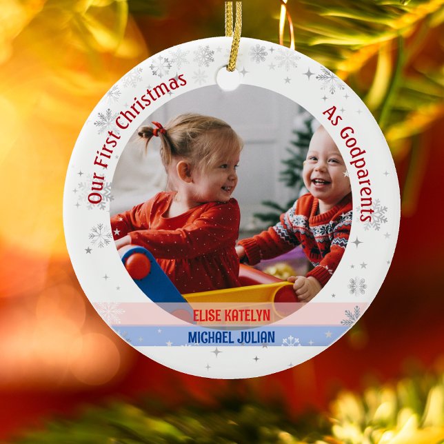 Twins Baby Girl Boy 1st Xmas As Godparents Photos Ceramic Ornament (Our First Christmas as Godparents of Twin Girl and Boy. Snowflakes. Cute Swaddled Babies)