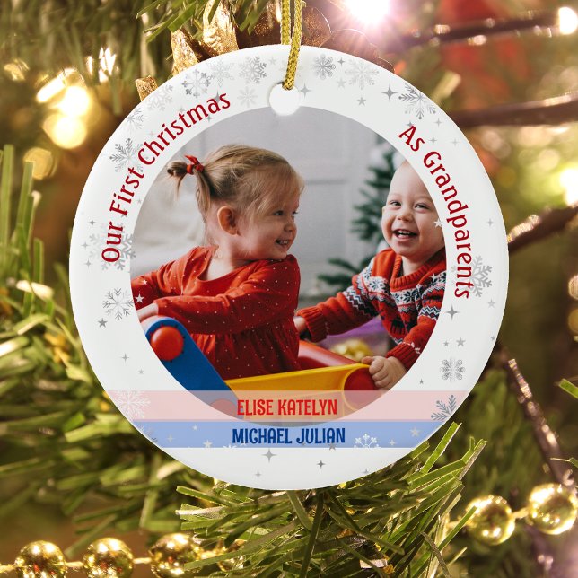 Twins Baby Girl Boy 1st Xmas Grandparents Photos Ceramic Ornament (Our First Christmas as Greatparents of Twin Girl and Boy. Snowflakes. Cute Swaddled Babies)