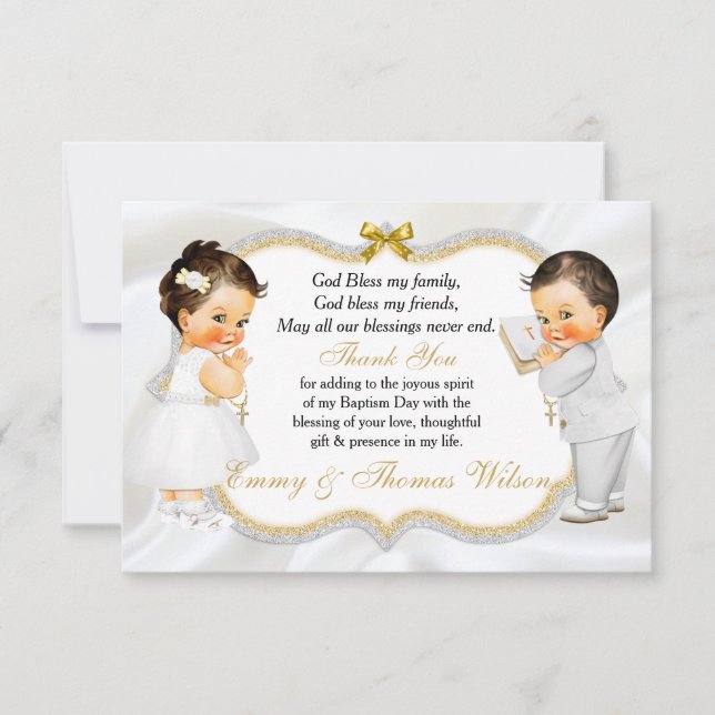 Twins Baby Girl Boy Baptism Gold Cross Thank You Card (Front)