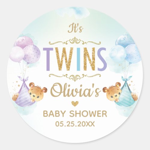 Twins Baby Girl Boy Bears Balloons Baby Shower Classic Round Sticker