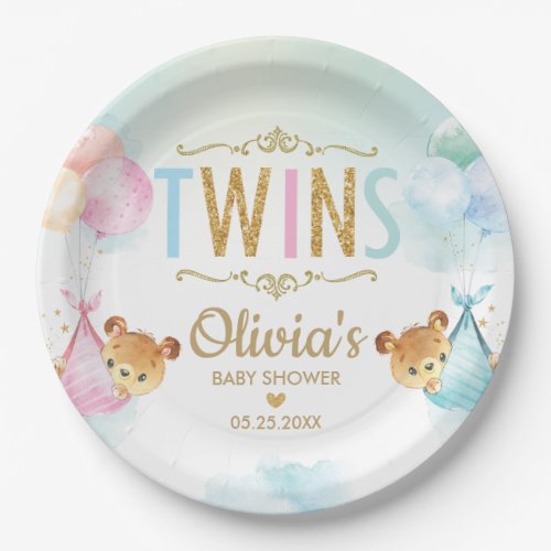 Twins Baby Girl Boy Cute Bear Balloons Baby Shower Paper Plates