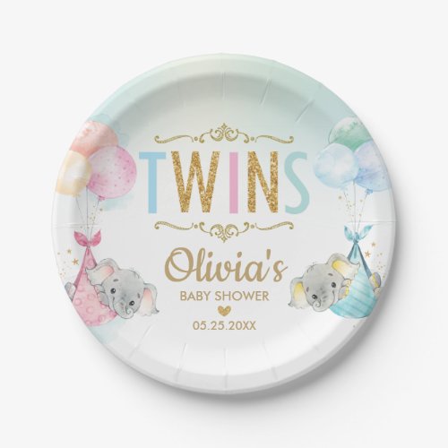 Twins Baby Girl Boy Elephant Balloons Baby Shower Paper Plates