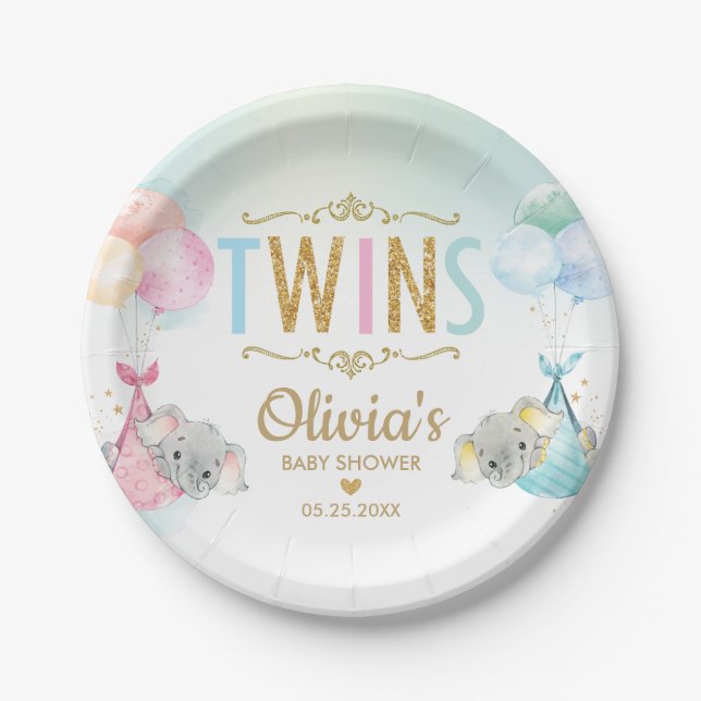 Twins Baby Girl Boy Elephant Balloons Baby Shower Paper Plates (Front)