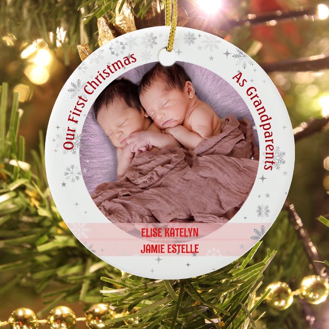 Twins Baby Girls 1st Xmas As Grandparents 2 Photos Ceramic Ornament (Our First Christmas as Greatparents of Twin Girls. Snowflakes and Stars. Cute Swaddled Babies)