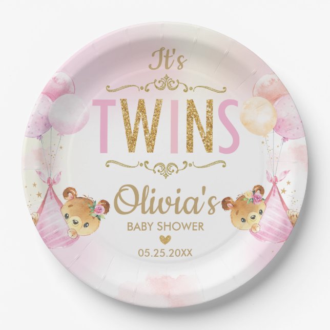 Twins Baby Girls Cute Bears Balloons Baby Shower Paper Plates (Front)