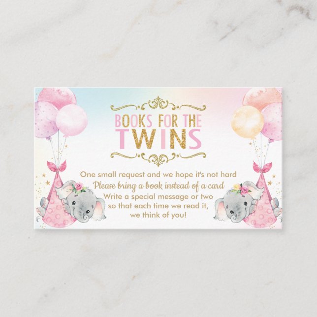 Twins Baby Girls Elephant Bring a Book Instead Enclosure Card (Front)