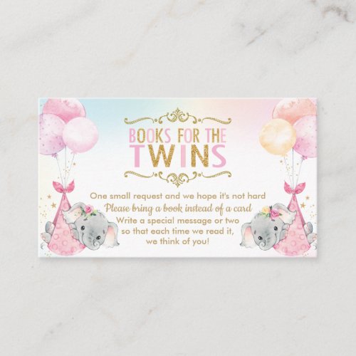 Twins Baby Girls Elephant Bring a Book Instead Enclosure Card