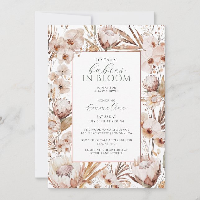 Twins Baby in Bloom Wildflower Boho Baby Shower Invitation (Front)