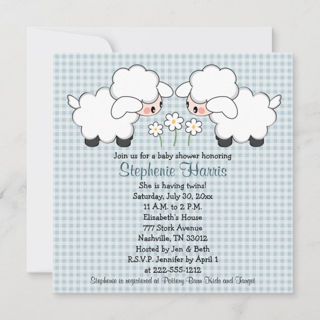 Twins Baby Lambs Baby Shower Invitations Boys (Front)