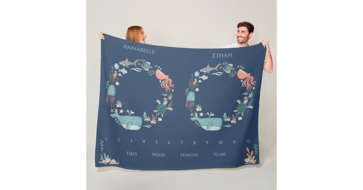Twins Baby Milestone Blue Under the Sea Animal Fleece Blanket | Zazzle