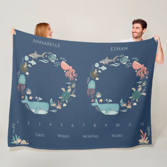 Twins Baby Milestone Blue Under the Sea Animal Fleece Blanket Zazzle