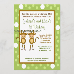 TWINS Baby Monkey 5x7 1st Birthday Invitation