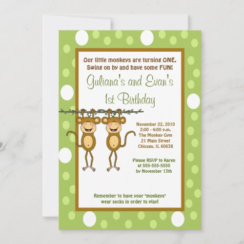 TWINS Baby Monkey 5x7 1st Birthday Invitation