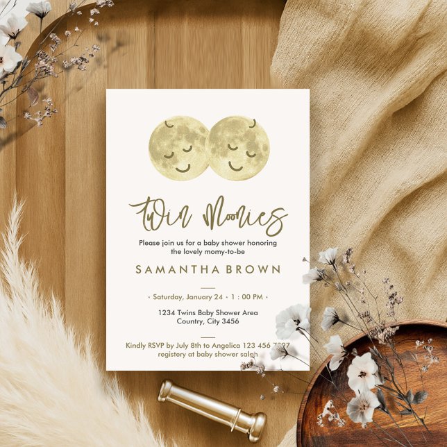 Twins Baby Shower Beige Moon Invitation (Creator Uploaded)