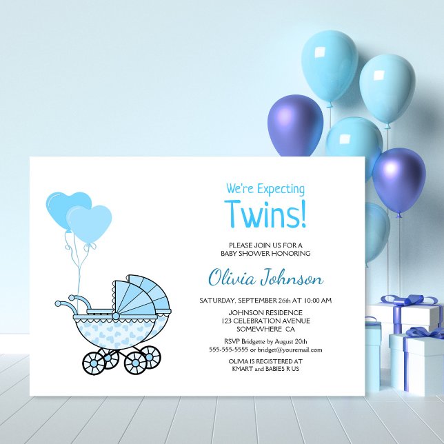 Twins Baby Shower Blue Balloons and Stroller Invitation (Creator Uploaded)