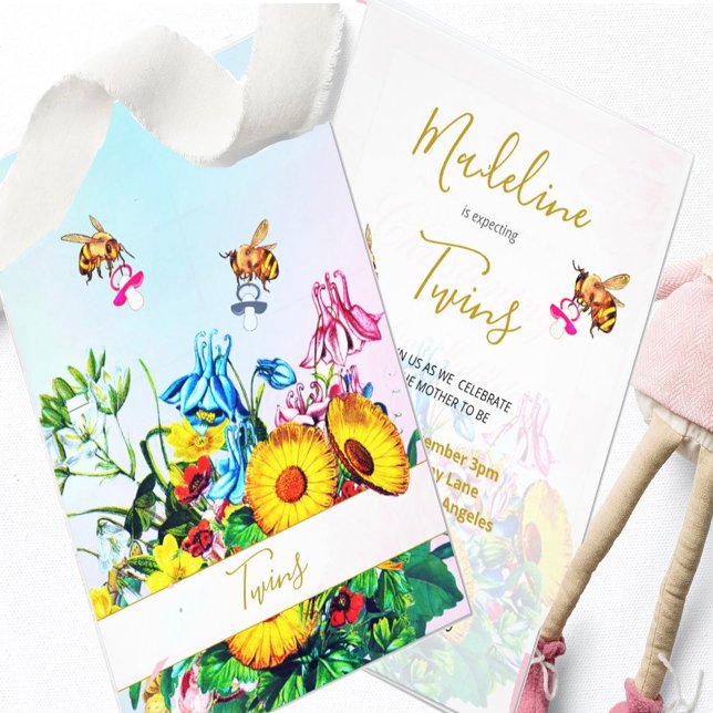 Twins Baby Shower  Blue Pink Floral Honey Bees  Invitation (Creator Uploaded)