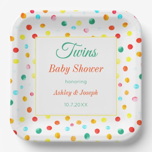 Twins Baby Shower Colorful Dots Pattern Paper Plates
