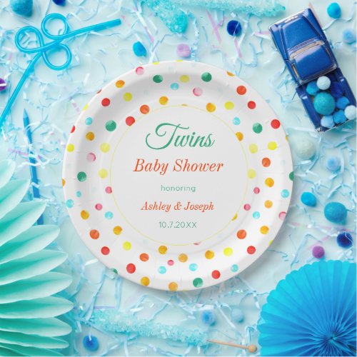 Twins Baby Shower Colorful Dots Pattern Paper Plates