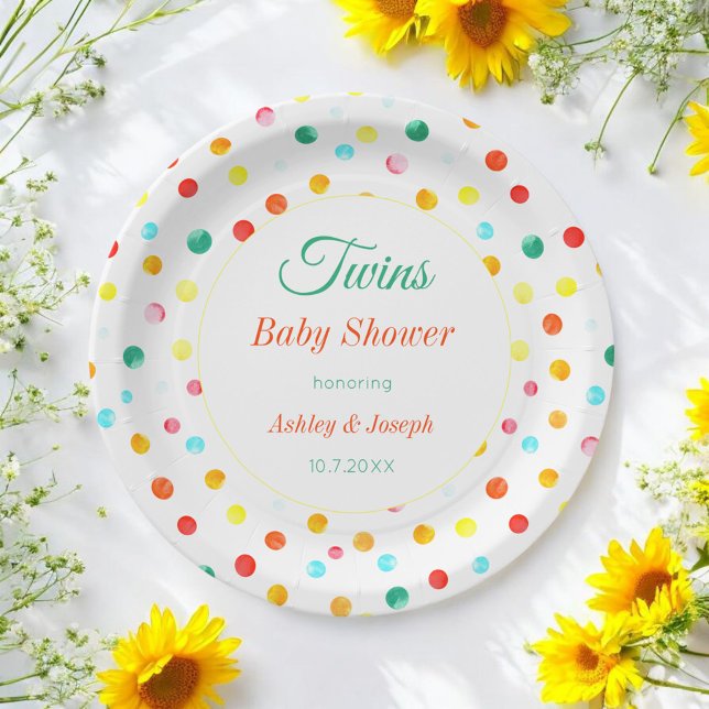 Twins Baby Shower Colorful Dots Pattern Paper Plates (Creator Uploaded)