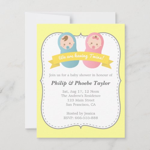 Twins Baby Shower - Cute Baby Boy and Girl Personalized Invitation