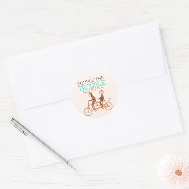 Twins Baby Shower Cute Monkey Double Trouble  Classic Round Sticker (Envelope)