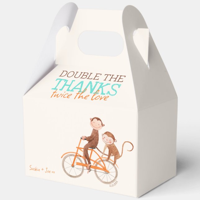 Twins Baby Shower Cute Monkey Double Trouble  Favor Boxes (Back)