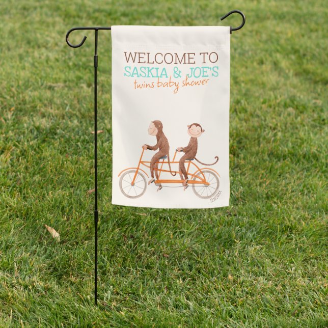 Twins Baby Shower Cute Monkey Double Trouble  Garden Flag (In SItu)
