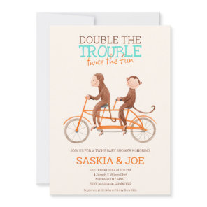 Twins Baby Shower Cute Monkey Double Trouble Invitation